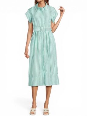 Abbey Glass Dress Women Midi Green White Striped Belted Pockets Size M NWT